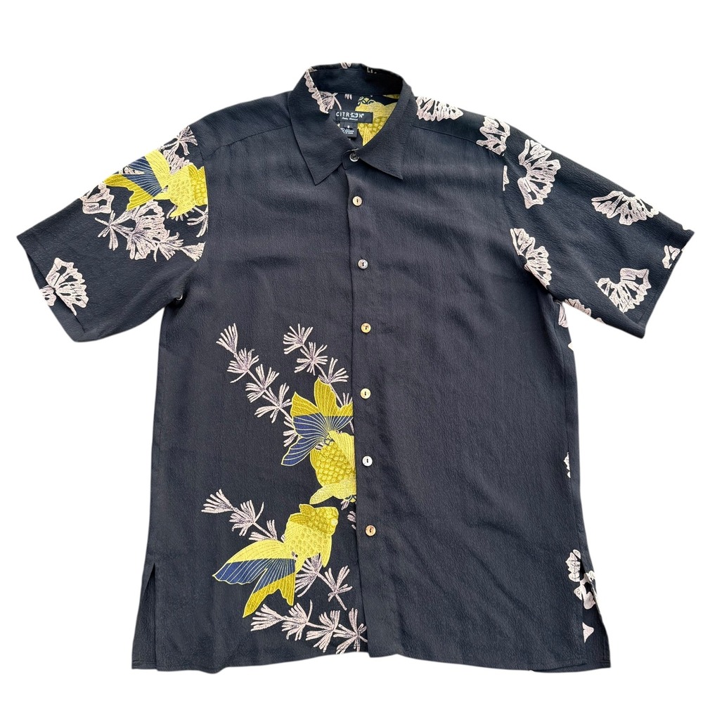 Citron Mens Silk Goldfish Floral Print Short Sleeve Button Up Shirt Top‎ Small